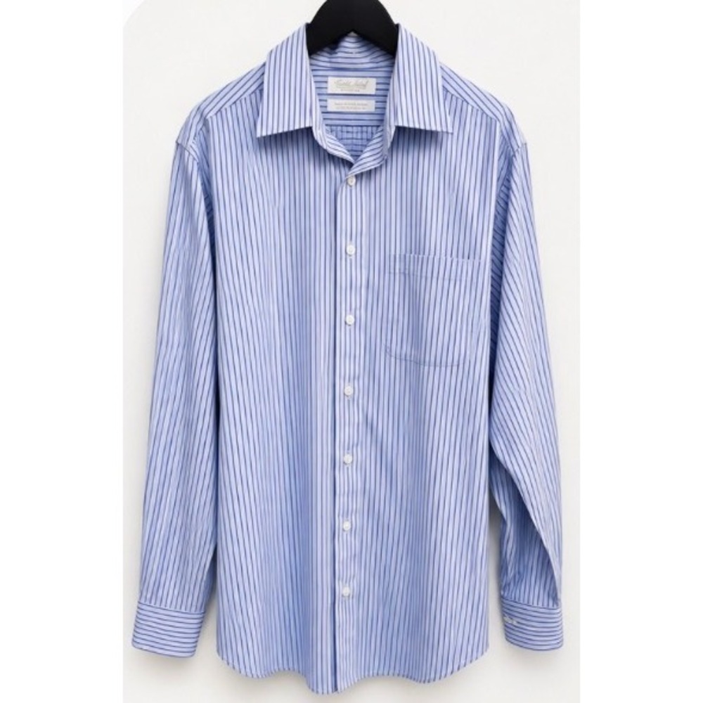 Roundtree & Yorke Gold Label Fitted Non-Iron Blue Stripe Dress Shirt 16.5 35